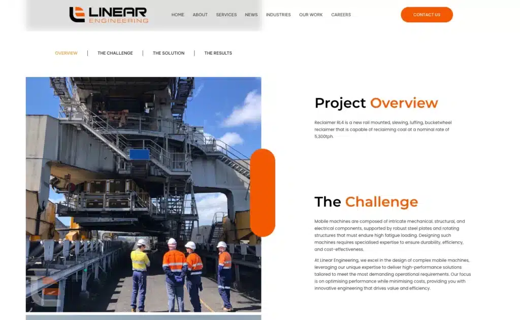 Four workers in safety gear stand near a large industrial machine at a construction or mining site, with an overhead structure and engineering equipment—an ideal image for project showcases on case study website pages.